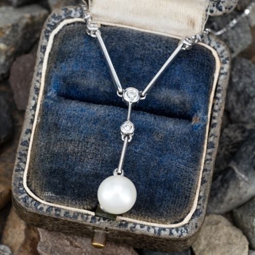 Milgrain Bar Pearl & Diamond Necklace 14K White Gold