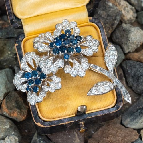 Vintage Diamond & Sapphire Flower Brooch Pin 18K White Gold