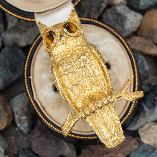Beautiful Tiffany & Co. Tiger's Eye Owl Brooch 18K Yellow Gold
