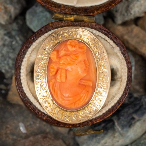 Vintage Carved Coral Cameo Brooch Pin 14K Yellow Gold