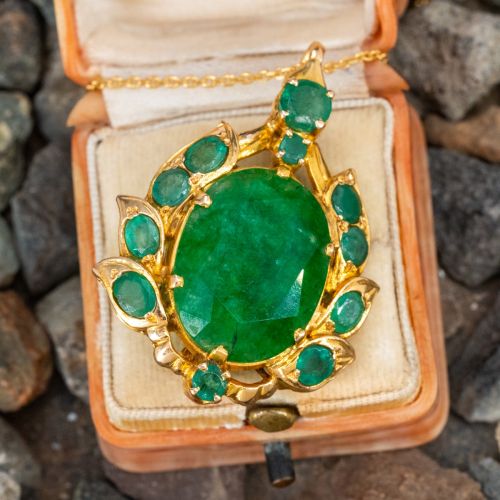 Green Gemstone Brooch Pin/ Pendant Necklace 14K Yellow Gold
