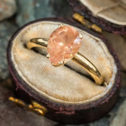 Pear Cut Peachy-Pink Sunstone Ring 14K Yellow Gold