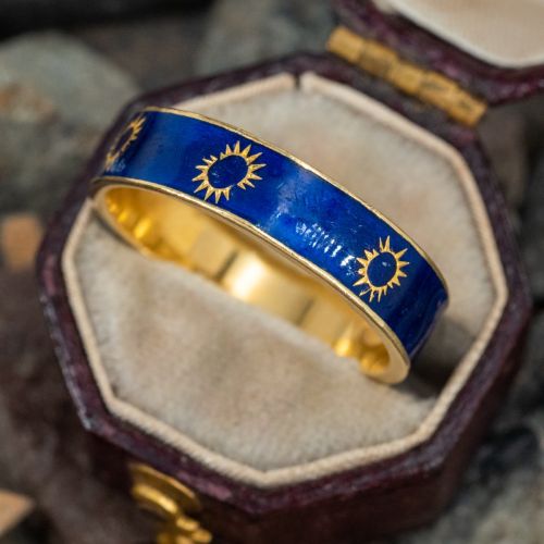 Blue Enamel Sunburst Band Ring 18K Yellow Gold 