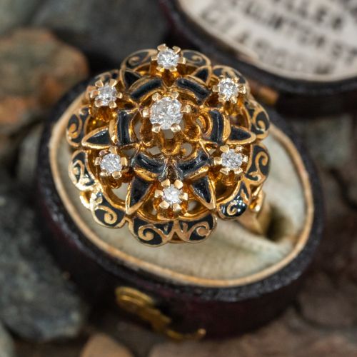 Beautiful Vintage Enameled Diamond Ring 14K Yellow Gold
