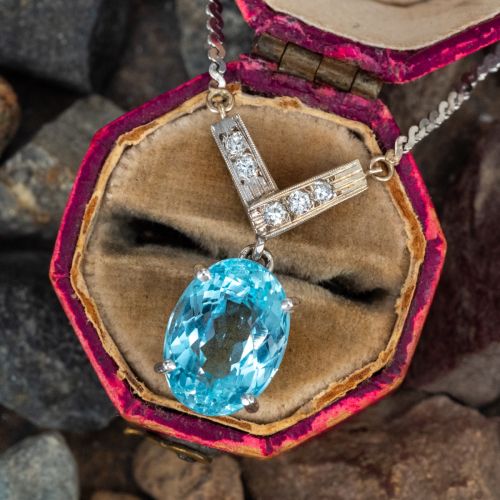 Oval Cut Aquamarine & Diamond Necklace 14K White Gold