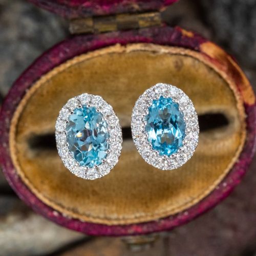 Oval Aquamarine w/ Diamond Halo Earrings 14K White Gold