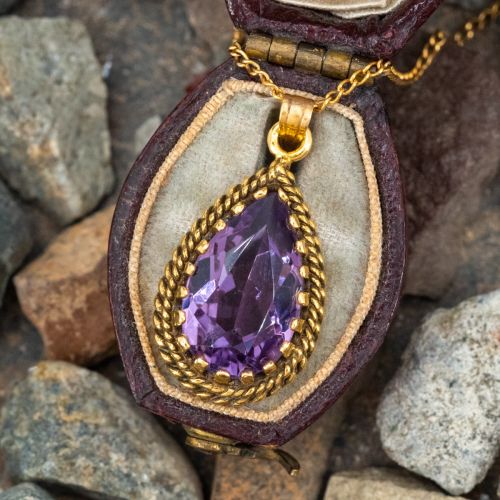 Vintage Pear Amethyst Pendant Necklace 14K Yellow Gold