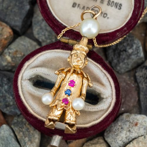 Kinetic Pearl Clown Pendant Necklace 14K Yellow Gold