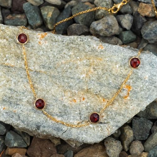 Round Faceted Garnet Station Necklace 14K Yellow Glold