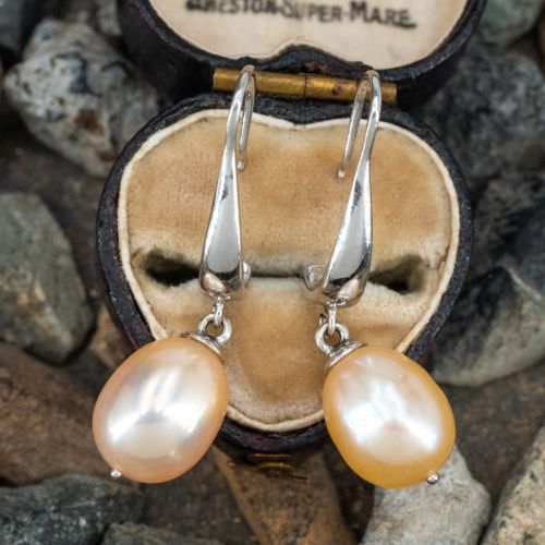 Lovely Peachy Colored Freshwater Pearl Dangle Earrings 14K White Gold