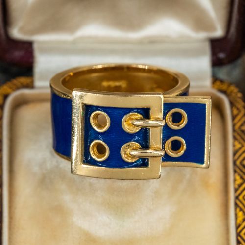 House of Kutchinsky Blue Enamel Buckle Ring 18K Yellow Gold