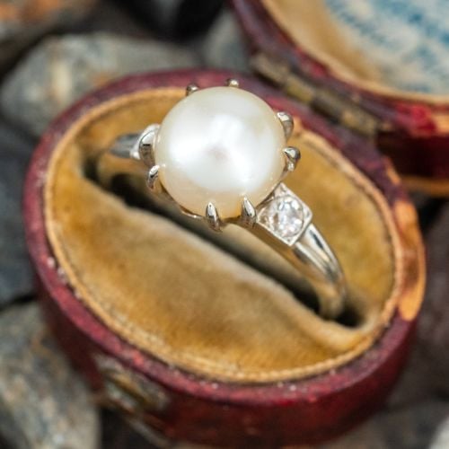 Claw Prong Pearl & Diamond Ring 14K White Gold