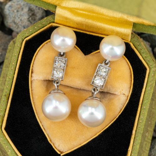 Lovely Tahitian Pearl & Diamond Dangle Earrings 14K White Gold/ Platinum