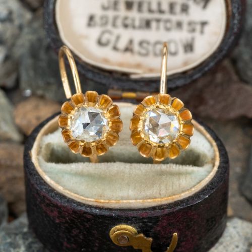 Vintage Rose Cut Diamond Drop Earrings 14K Yellow Gold