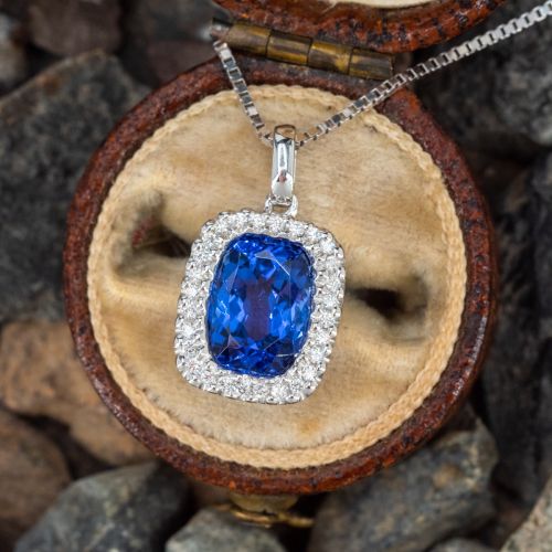 Cushion Tanzanite Diamond Halo Pendant Necklace 14K White Gold