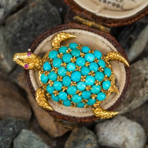 Cabochon Turquoise Turtle Brooch Pin 18K Yellow & White Gold