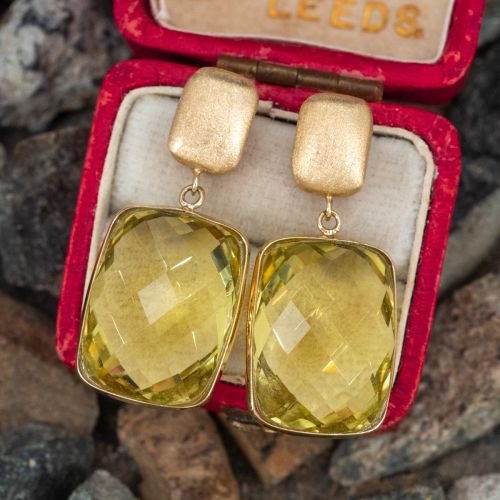 Checkerboard Lemon Quartz Dangle Earrings 14K Yellow Gold