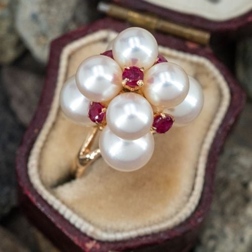 Tiered Akoya Pearl Ring w/ Ruby Accents 14K Yellow Gold