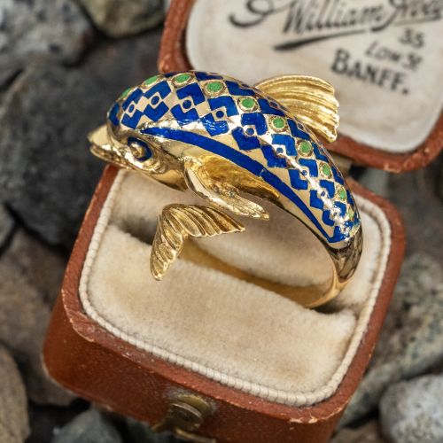 Vintage Blue & Green Enamel Dolphin Ring 18K Yellow Gold