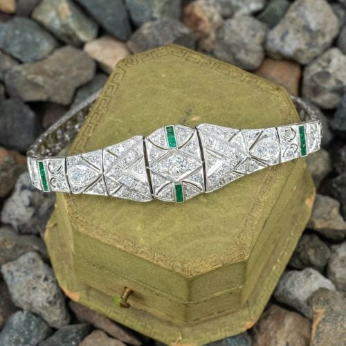 Fabulous Art Deco Diamond w/ Emerald Accents Bracelet Platinum