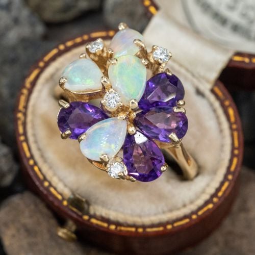 Opal & Amethyst Cluster Ring 14K Yellow Gold