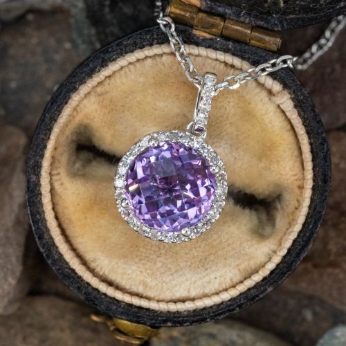 Lilac Amethyst w/ Diamond Halo Pendant Necklace 14k White Gold