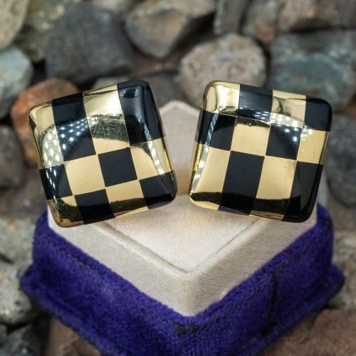 1982 Tiffany & Co. Onyx Checkerboard Motif Earrings 18K Yellow Gold