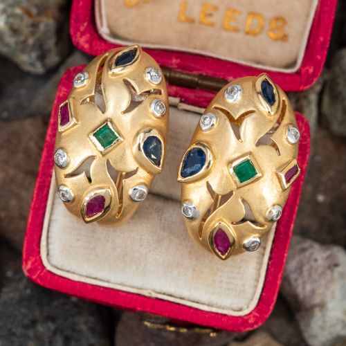 Oval Shape Sapphire Ruby Emerald Earrings 14K Yellow Gold