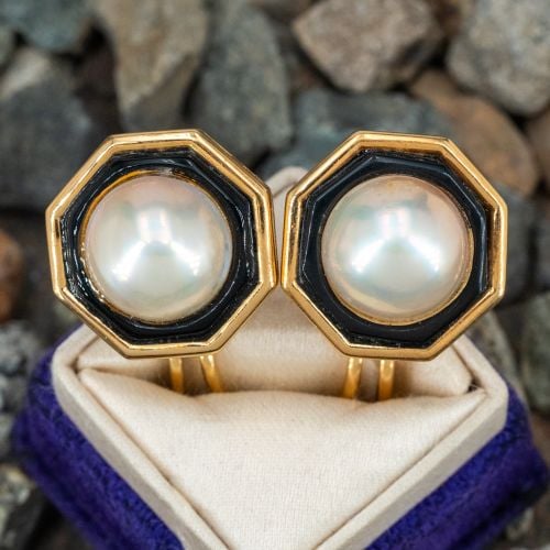 Fabulous Vintage Mabé Pearl & Onyx Earrings 18K Yellow Gold