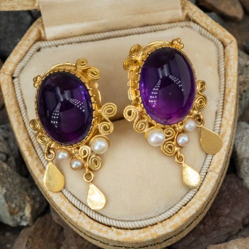 Vintage Oval Cabochon Amethyst Earrings 18K Yellow Gold
