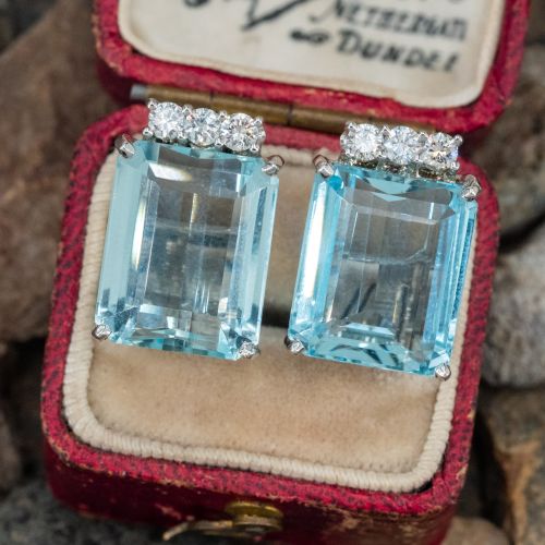 Vintage Emerald Cut Aquamarine Earrings 14K White Gold