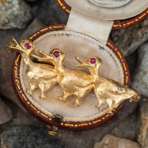 Ducks in a Row Ruby Brooch Pin 14K Yellow Gold
