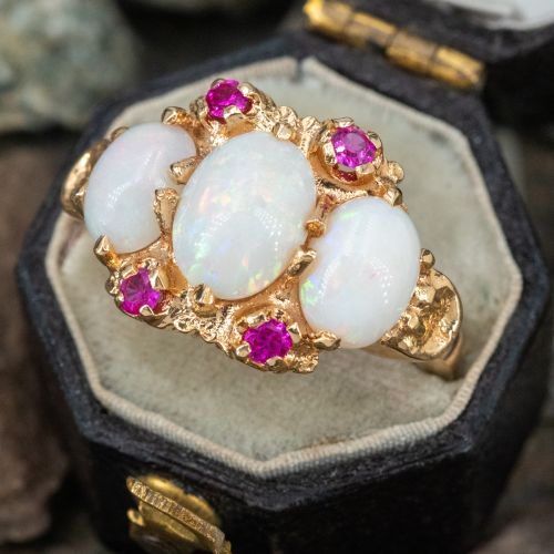 Three Stone Opal Ring w/ Lab Grown Ruby Accents 14K Yellow Gold