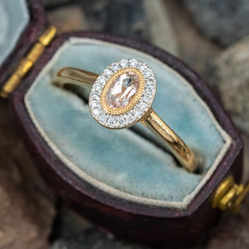 Oval Morganite & Diamond Halo Ring 18K Yellow Gold