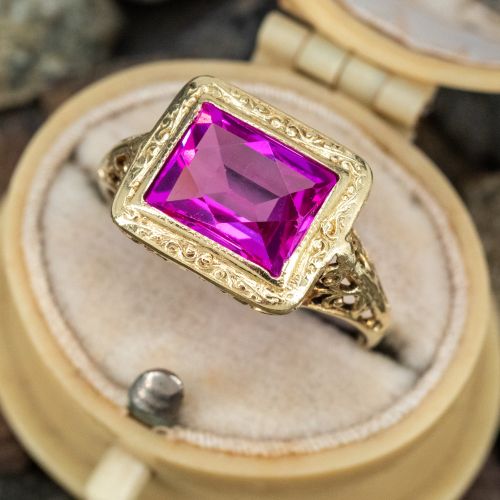 Vintage Lab Created Pink Sapphire Ring 14K Yellow Gold