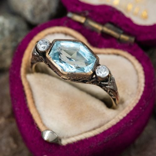 Vintage Aquamarine Diamond Ring 14K Yellow & White Gold