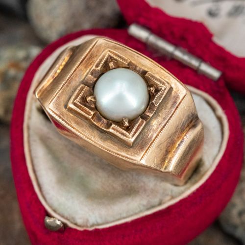 Handsome Mens Retro-Vintage Pearl Ring 14K Yellow Gold