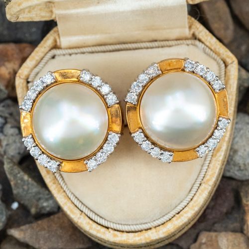 Vintage Mabé Pearl Diamond Earrings 18K Yellow/ White Gold