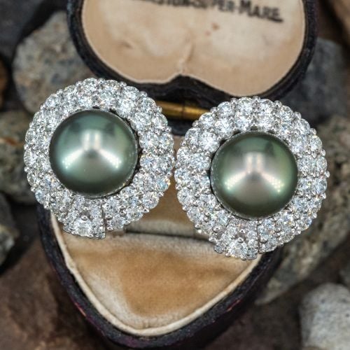 Tahitian Pearl & Diamond Omega Back Earrings 14K White Gold