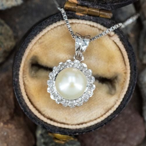 Pearl & Diamond Halo Pendant Necklace 14K White Gold