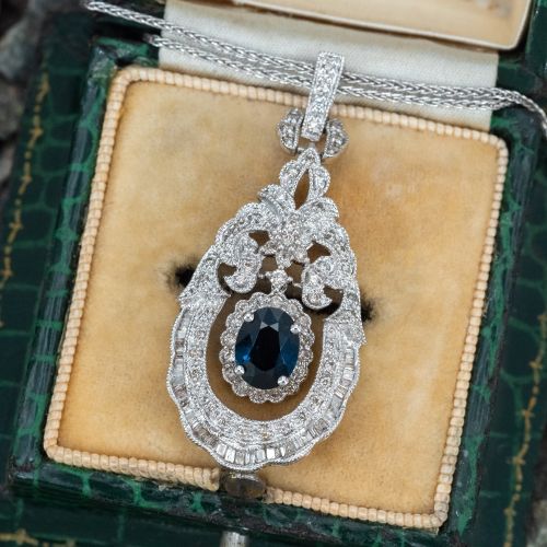 Ornate Sapphire & Diamond Necklace 14K White Gold