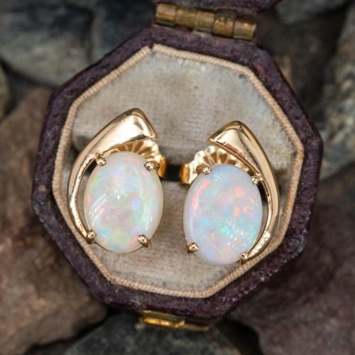 Oval Cabochon Opal Earrings Yellow Gold 