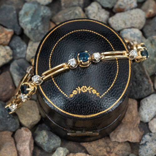 Bezel Fancy Link Sapphire & Diamond Bracelet 14K Yellow Gold