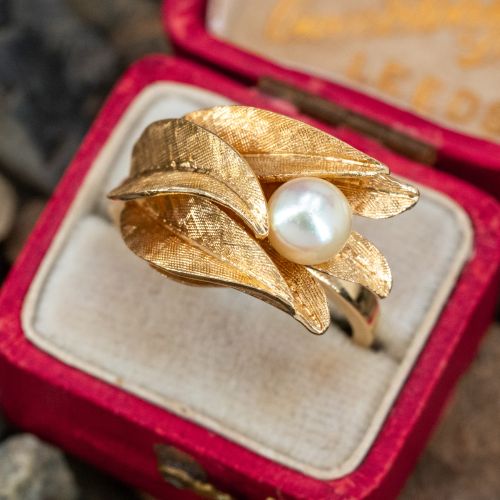 Vintage Textured Floral Pearl Ring 14K Yellow Gold