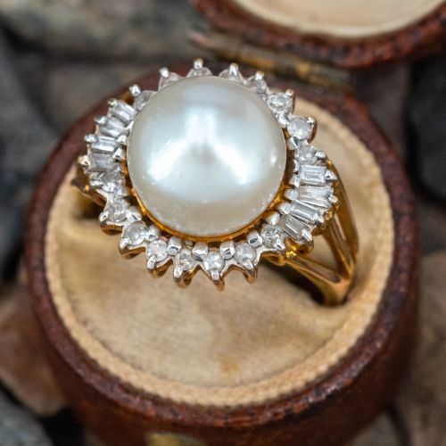 Gorgeous Pearl Diamond Halo Ring 14K Yellow Gold