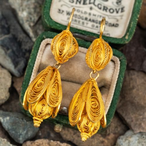 Fantastic Traditional Filigree Dangle Earrings 18K Yellow Gold