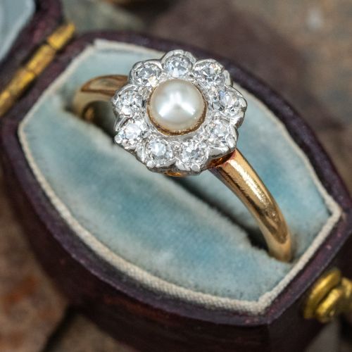 Vintage Pearl w/ Diamond Halo Ring 18K Yellow Gold/ Platinum