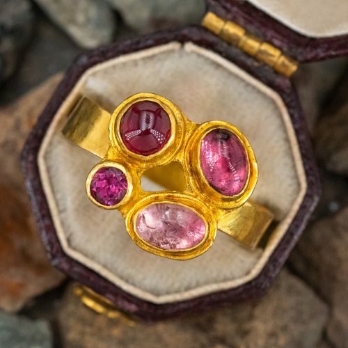 Handmade Pink Tourmaline & Rhodolite Garnet Ring 21K Yellow Gold  