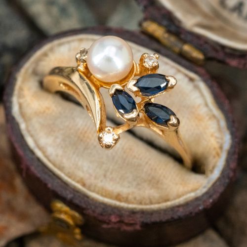 Saltwater Pearl & Sapphire Ring 14K Yellow Gold