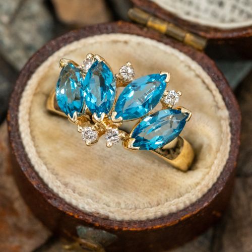 Marquise Cut Blue Topaz Diamond Ring 18K Yellow Gold
